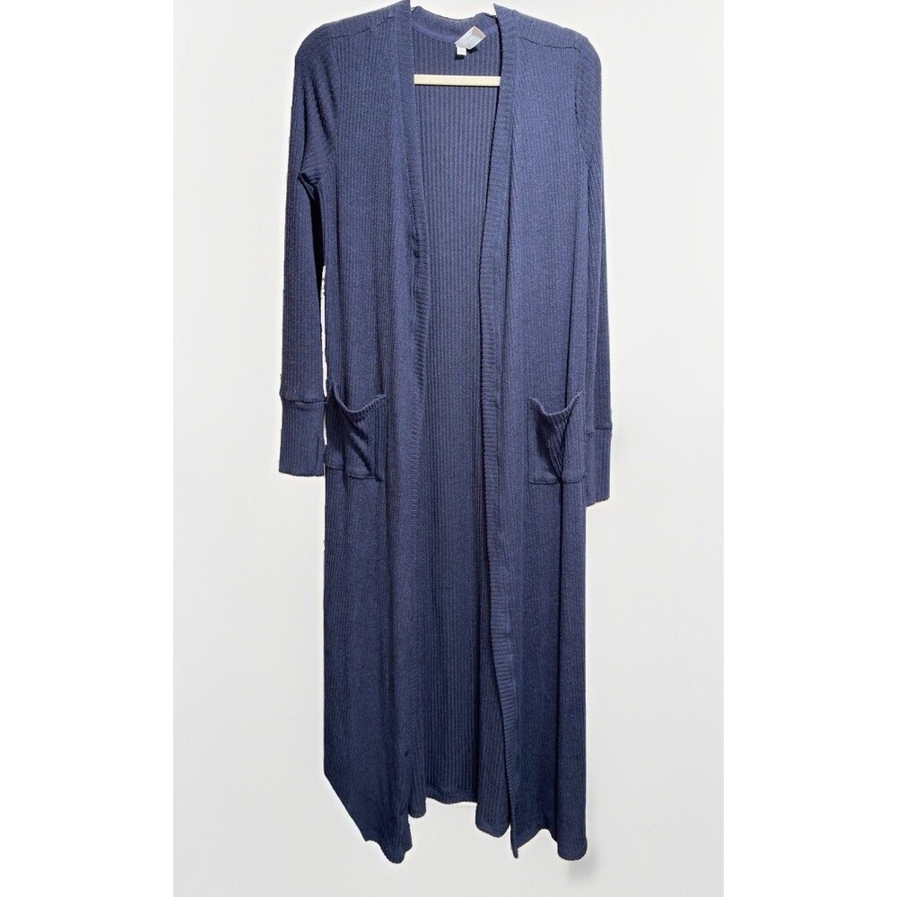 YOGALICIOUS Long Maxi Ribbed Duster Cardigan Navy Blue Thumbholes Small